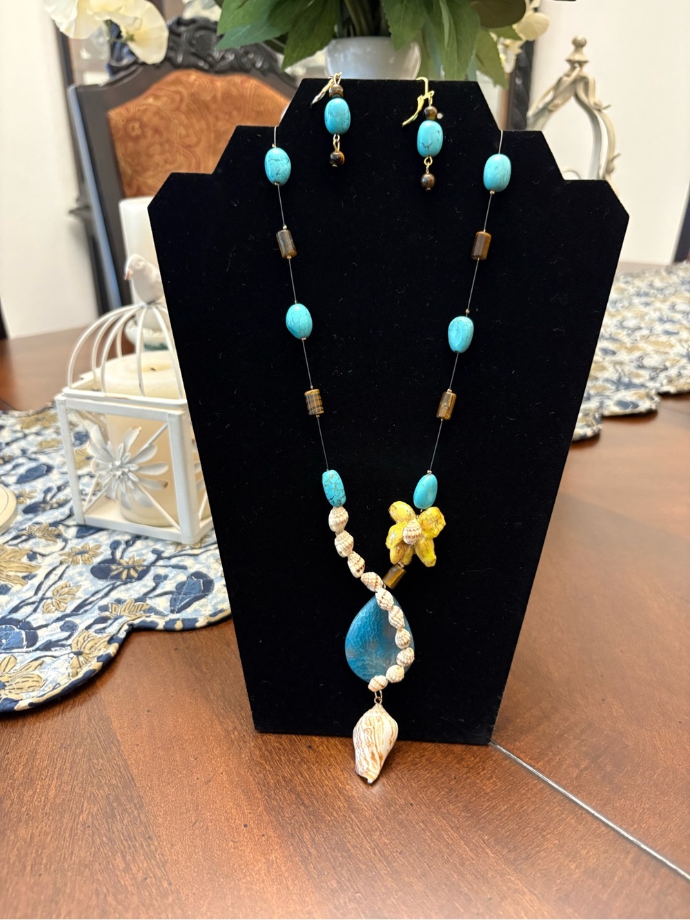 Turquoise and Gold Floral Pendant Necklace - Women Jewelry
